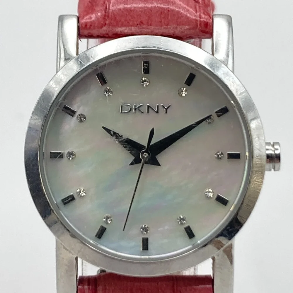 DKNY Women's Watch Silver Tone 28mm MOP Dial Pink Leather New Battery 8.25